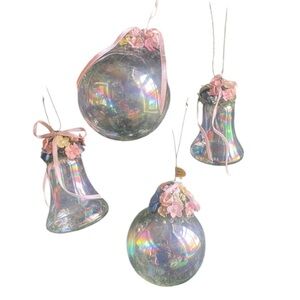 4 Vintage Silvestri Iridescent Glass Ornaments Clear Floral Accents Blue Pink
